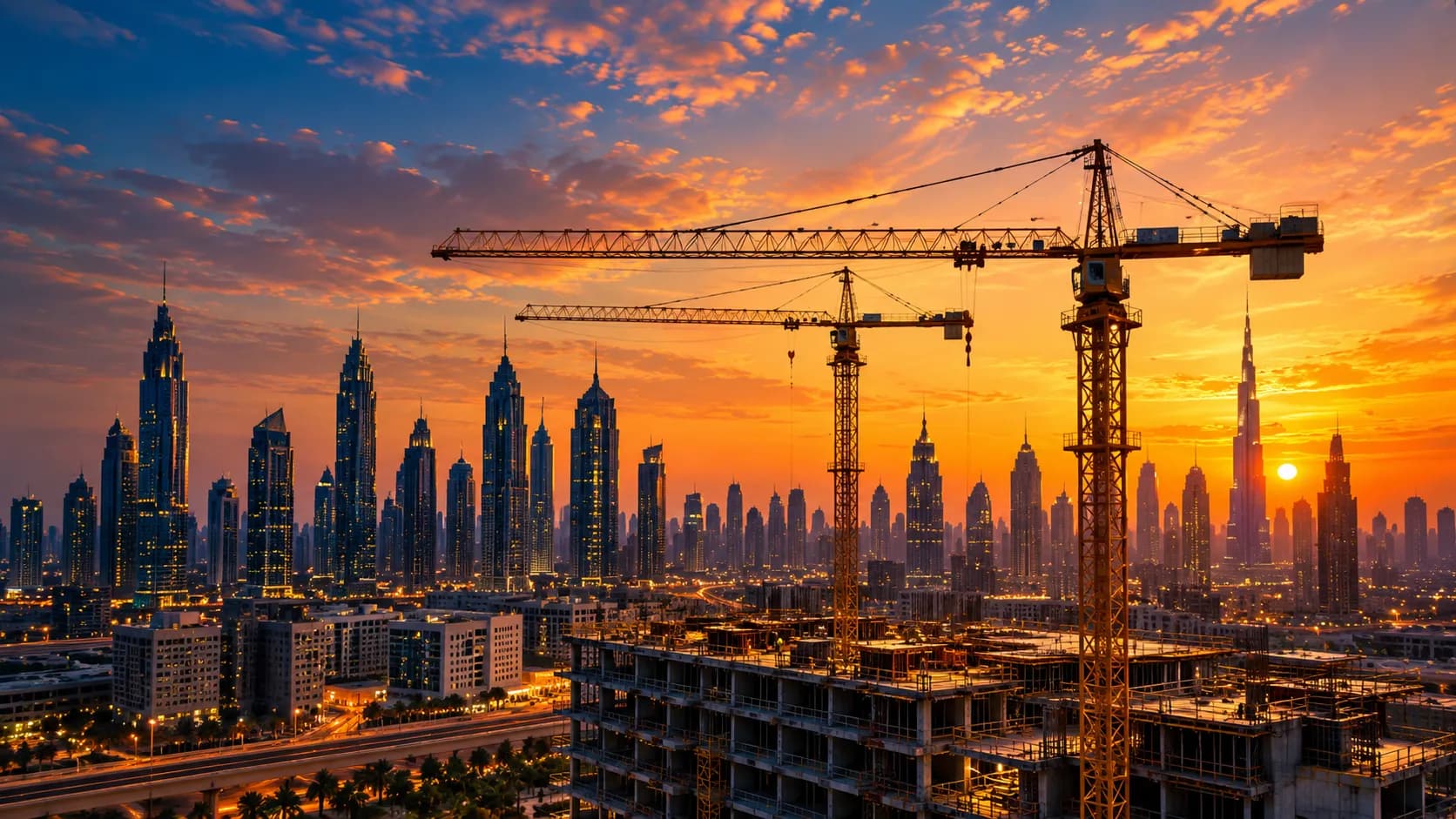 Tower cranes over a building under construction against a city skyline at sunset
