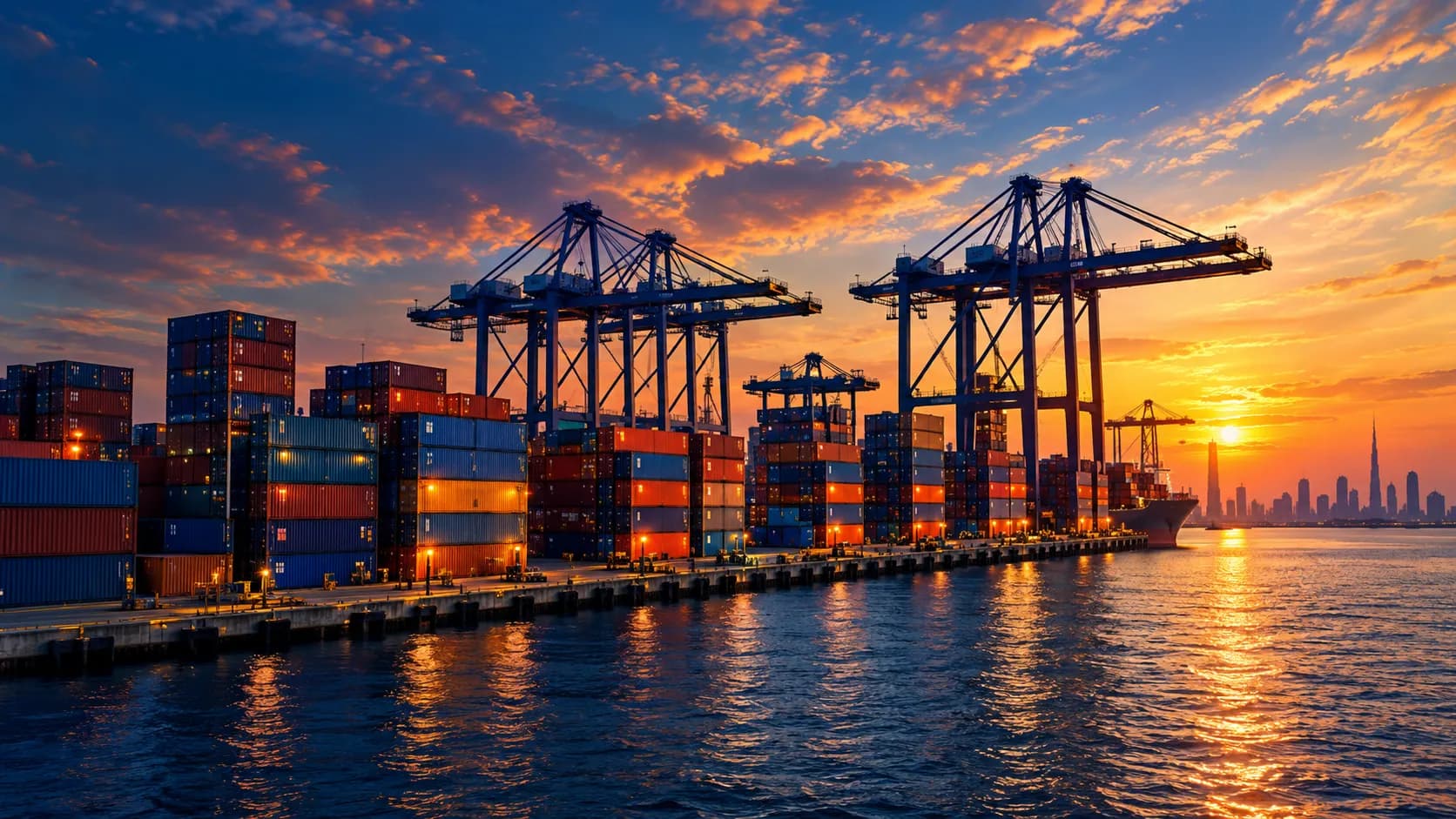Container port with gantry cranes over stacked containers at sunset
