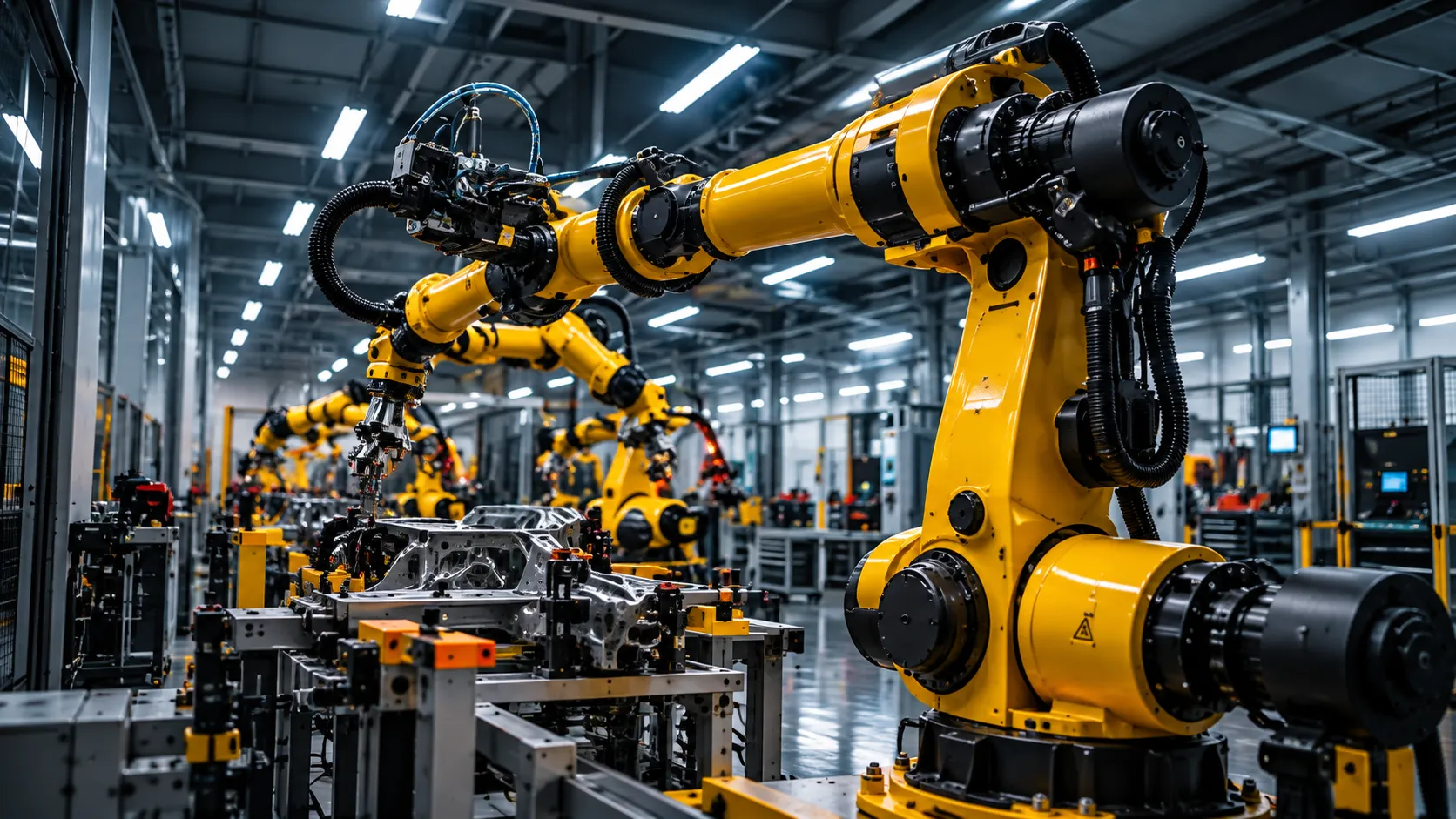 Yellow industrial robot arms working on an automated factory line