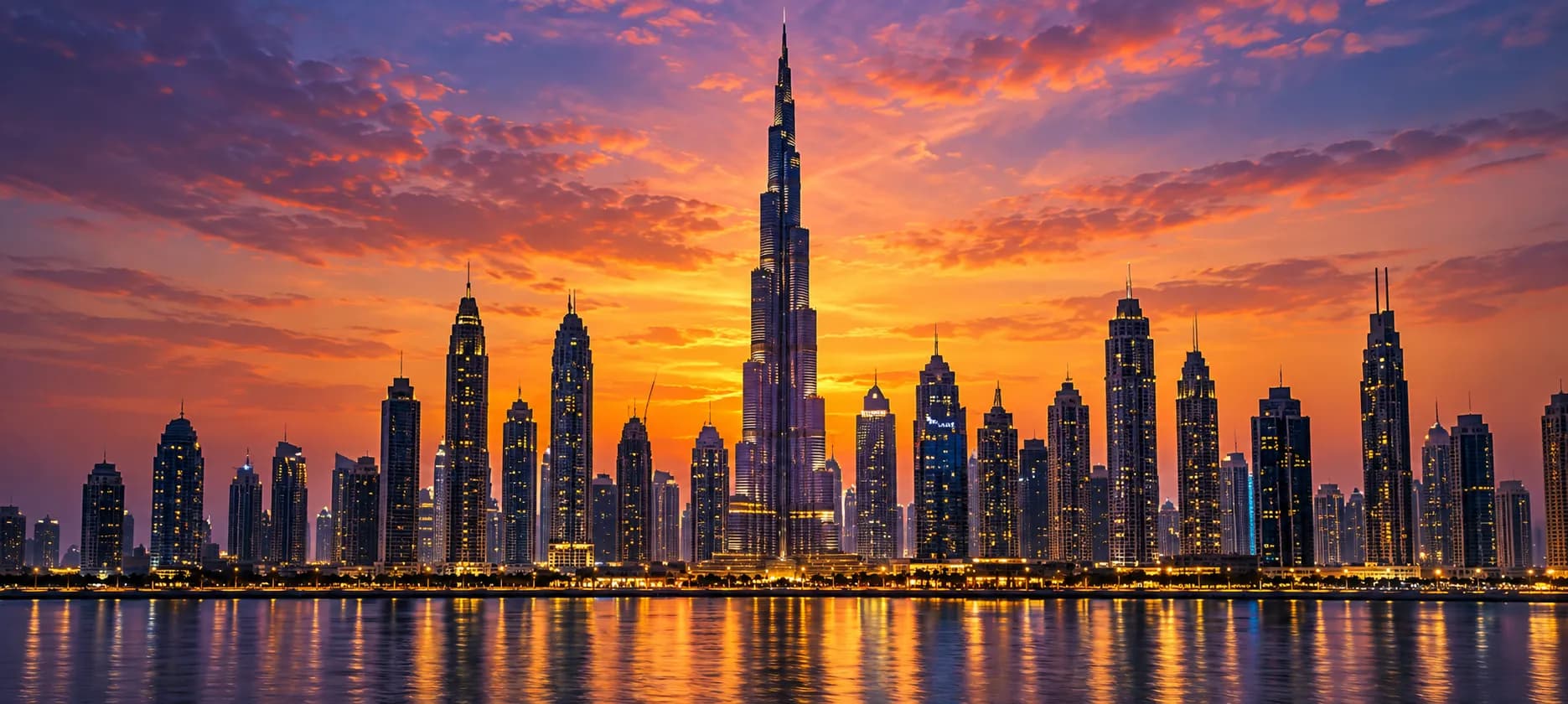 Dubai skyline with the Burj Khalifa reflected in the water at sunset