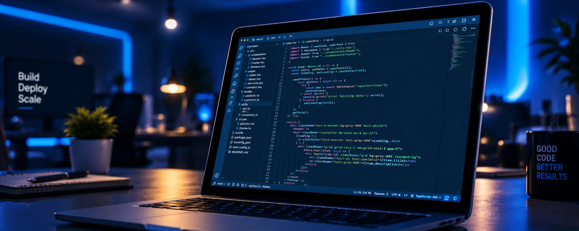 Laptop showing programming code on a desk in a blue-lit office