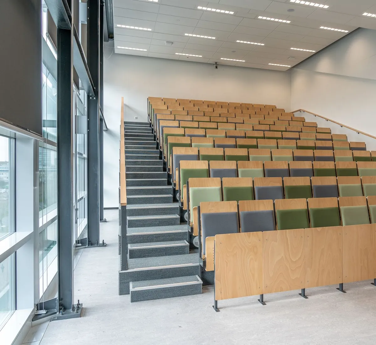 Tiered seating in a modern lecture and training auditorium
