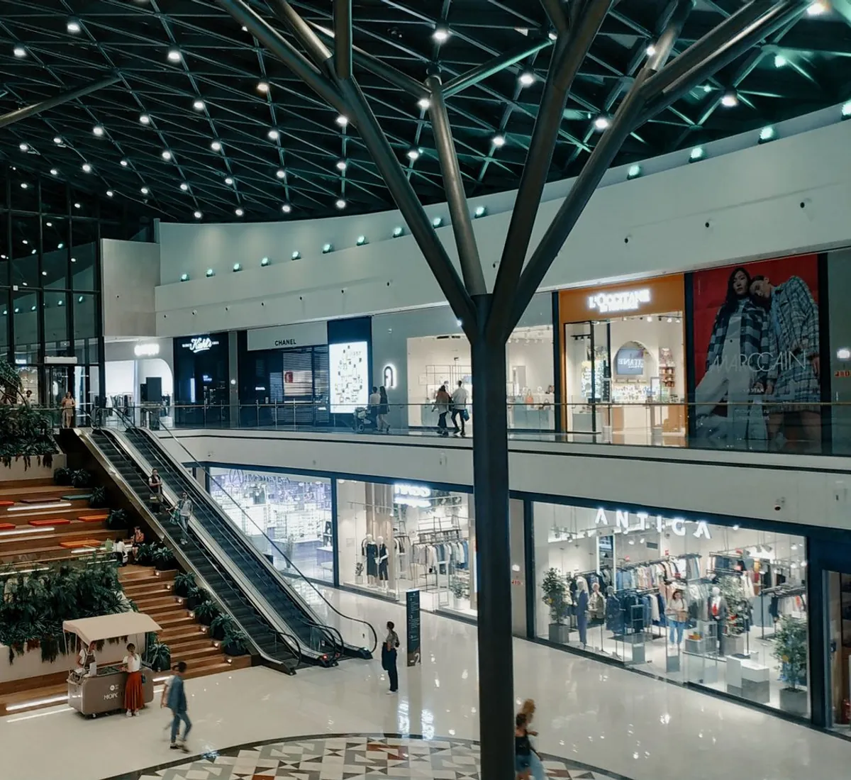 Atrium of a modern shopping mall with retail units over several levels