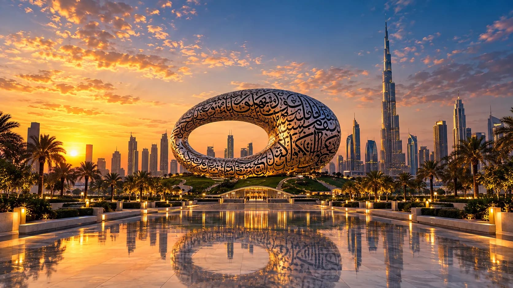 The Museum of the Future and the Burj Khalifa on the Dubai skyline at sunset